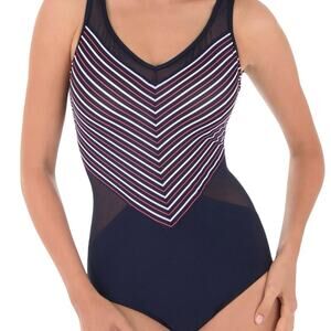 Miraclesuit Lucky Stripe on Point One Piece In Midnight Blue Size 8 Preppy